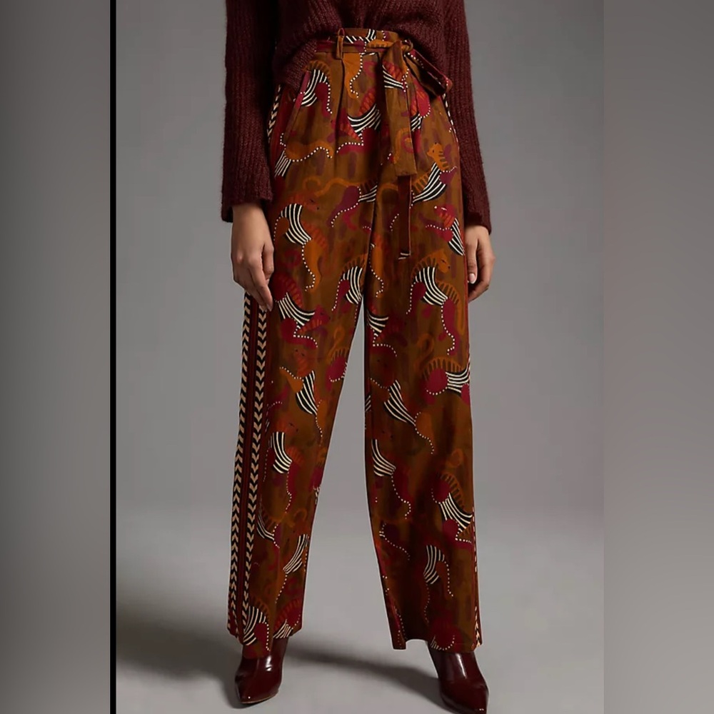 Anthropologie Orange and Brown Patterned Wide Leg Pants